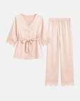 Women’s 100% Mulberry Silk Pajama Set – Lace Trim Long Sleeve with Belt