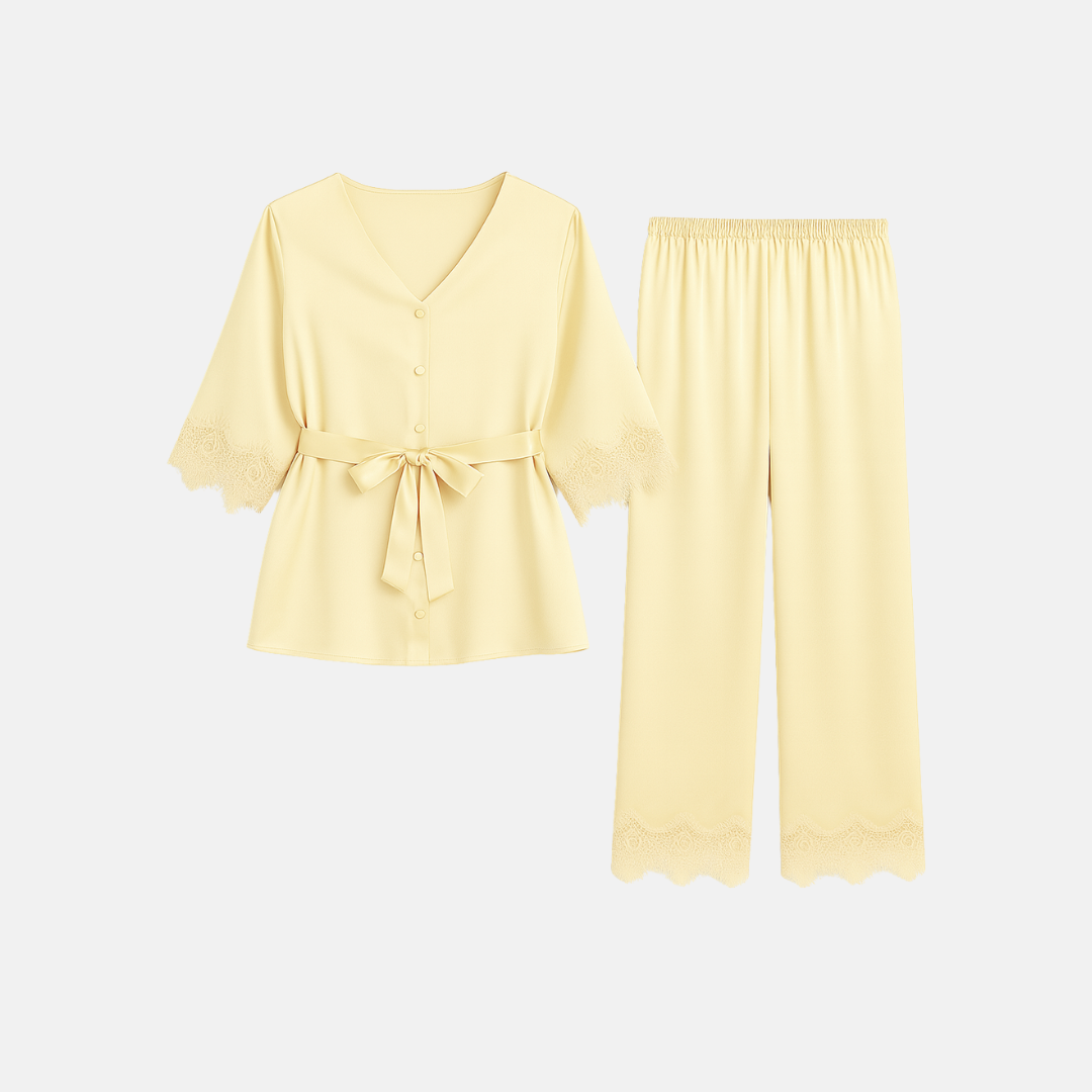 Women’s 100% Mulberry Silk Pajama Set – Lace Trim Long Sleeve with Belt