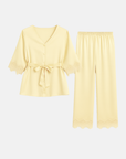 Women’s 100% Mulberry Silk Pajama Set – Lace Trim Long Sleeve with Belt