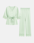 Women’s 100% Mulberry Silk Pajama Set – Lace Trim Long Sleeve with Belt