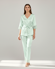 Women’s 100% Mulberry Silk Pajama Set – Lace Trim Long Sleeve with Belt