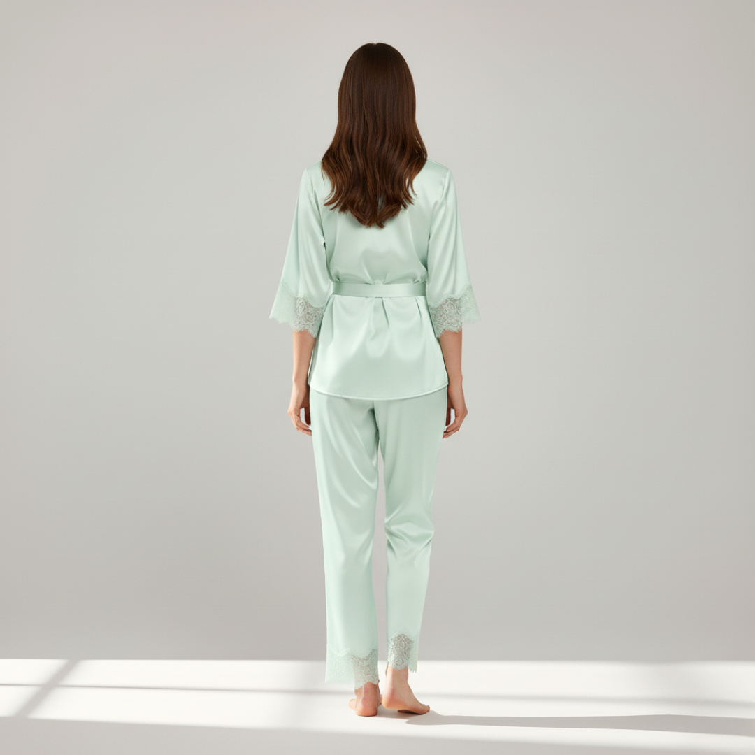 Women’s 100% Mulberry Silk Pajama Set – Lace Trim Long Sleeve with Belt