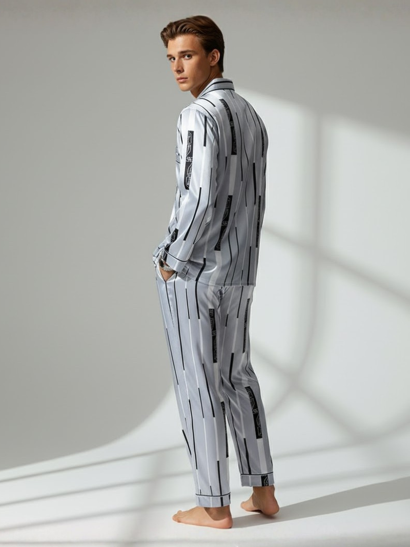 Men's Ice Silk Pajamas – Long Sleeve Pants Set for Spring and Autumn, Casual Summer Silk Suit