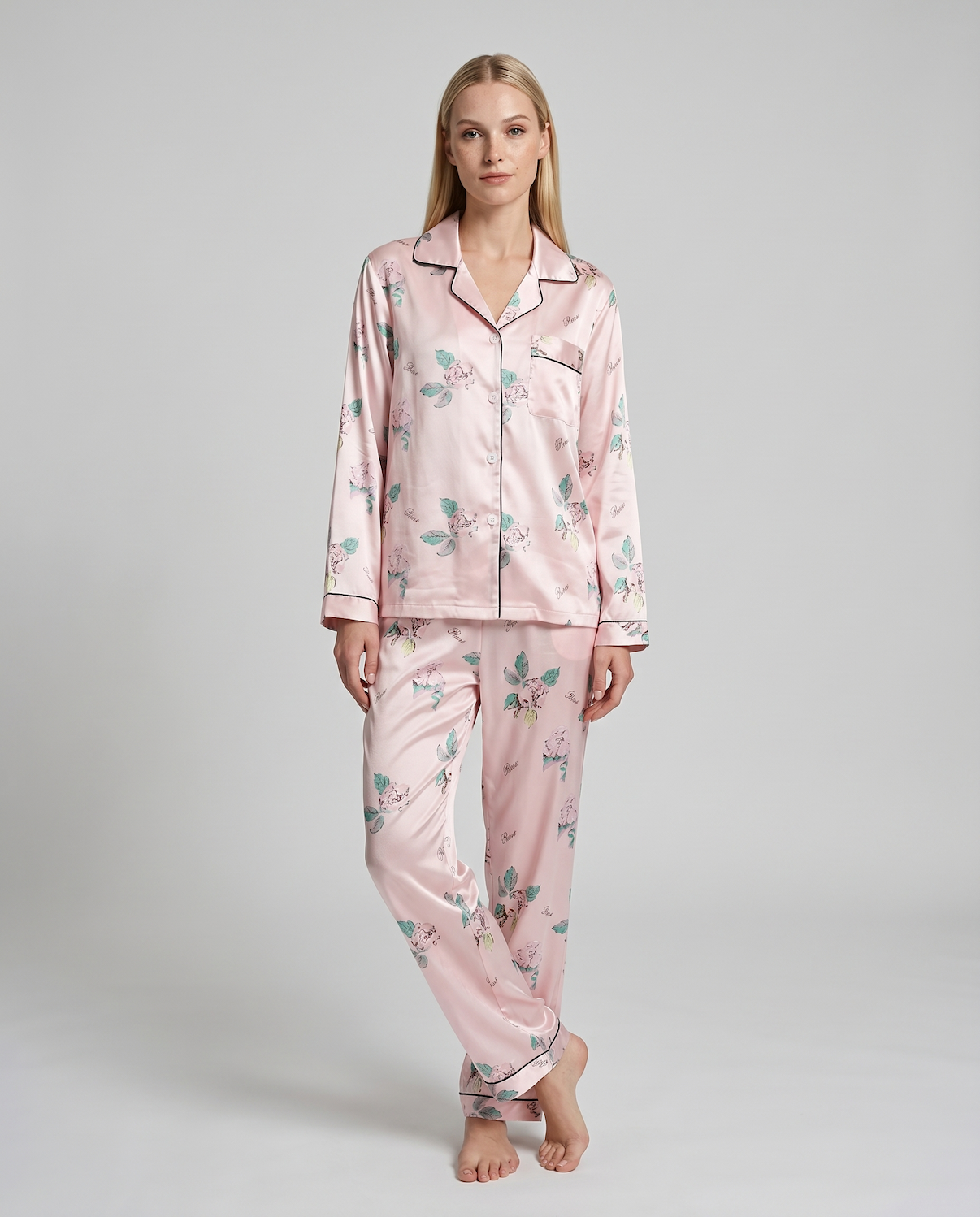 Women's Ice Silk Pajama Set – Summer Long Sleeve &amp; Pants Loungewear in Imitation Silk