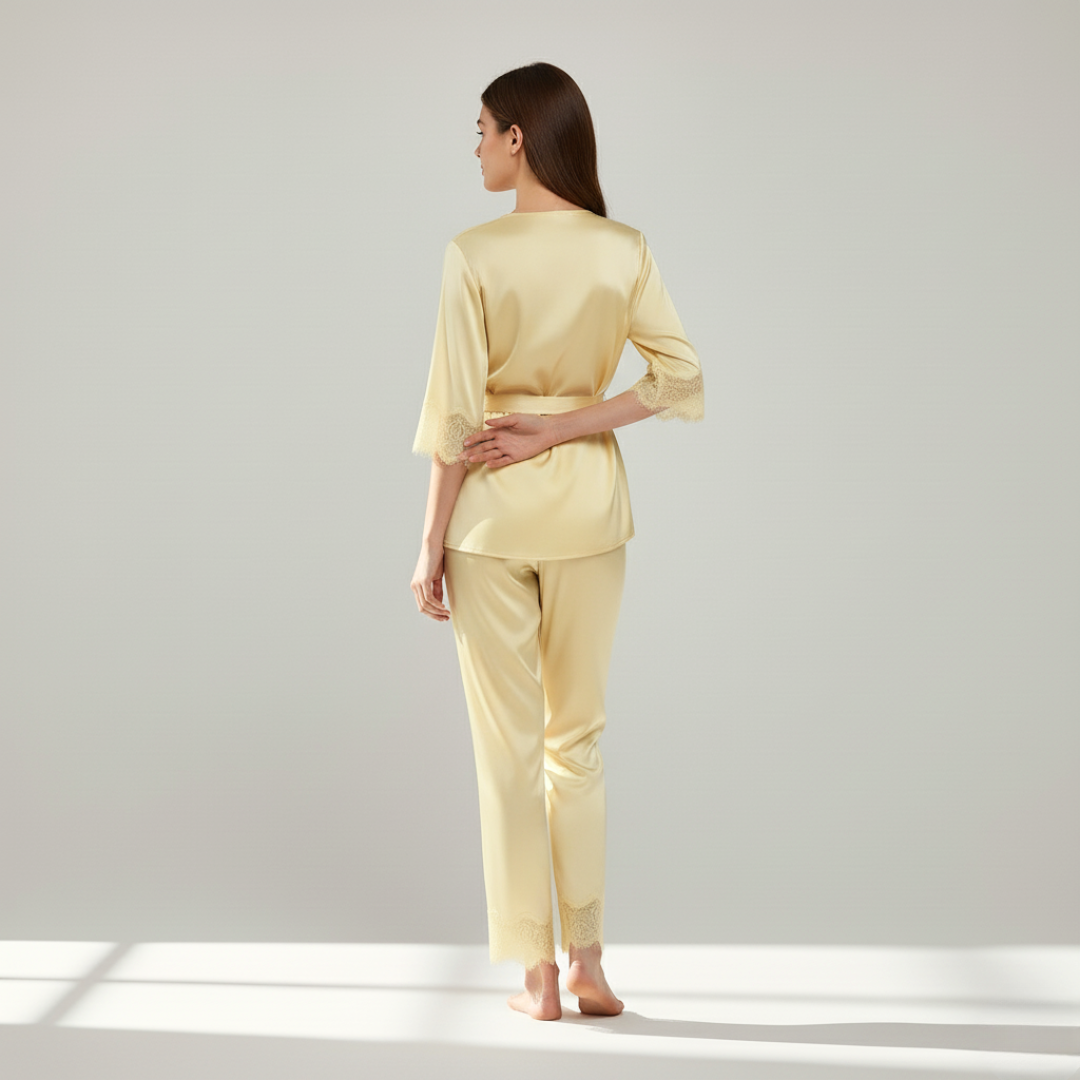 Women’s 100% Mulberry Silk Pajama Set – Lace Trim Long Sleeve with Belt