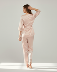 Women’s 100% Mulberry Silk Pajama Set – Lace Trim Long Sleeve with Belt