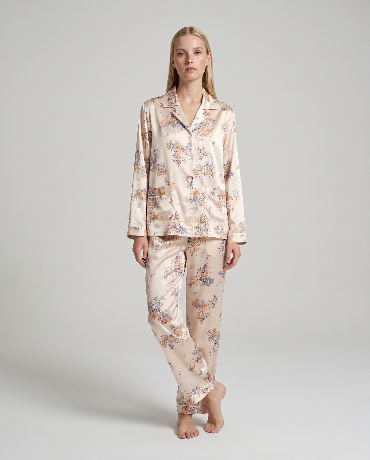 Women's Ice Silk Pajama Set – Summer Long Sleeve &amp; Pants Loungewear in Imitation Silk