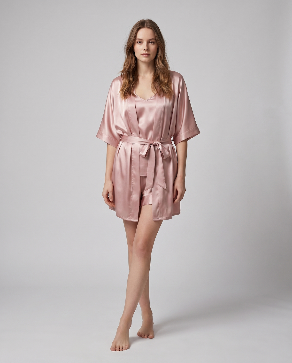 4pcs Elegant Silk Pajama Set for Women - Robe, Bralette, Shorts &amp; Pants
