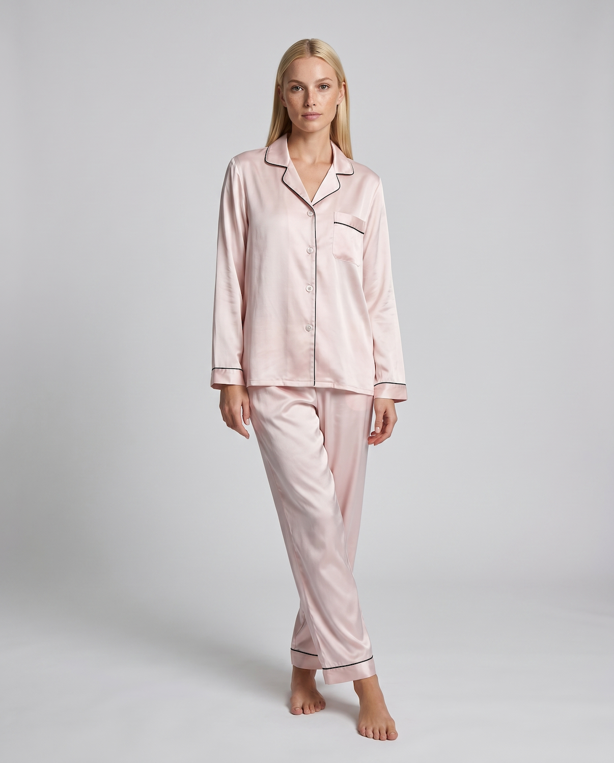 Women's Ice Silk Pajama Set – Summer Long Sleeve &amp; Pants Loungewear in Imitation Silk