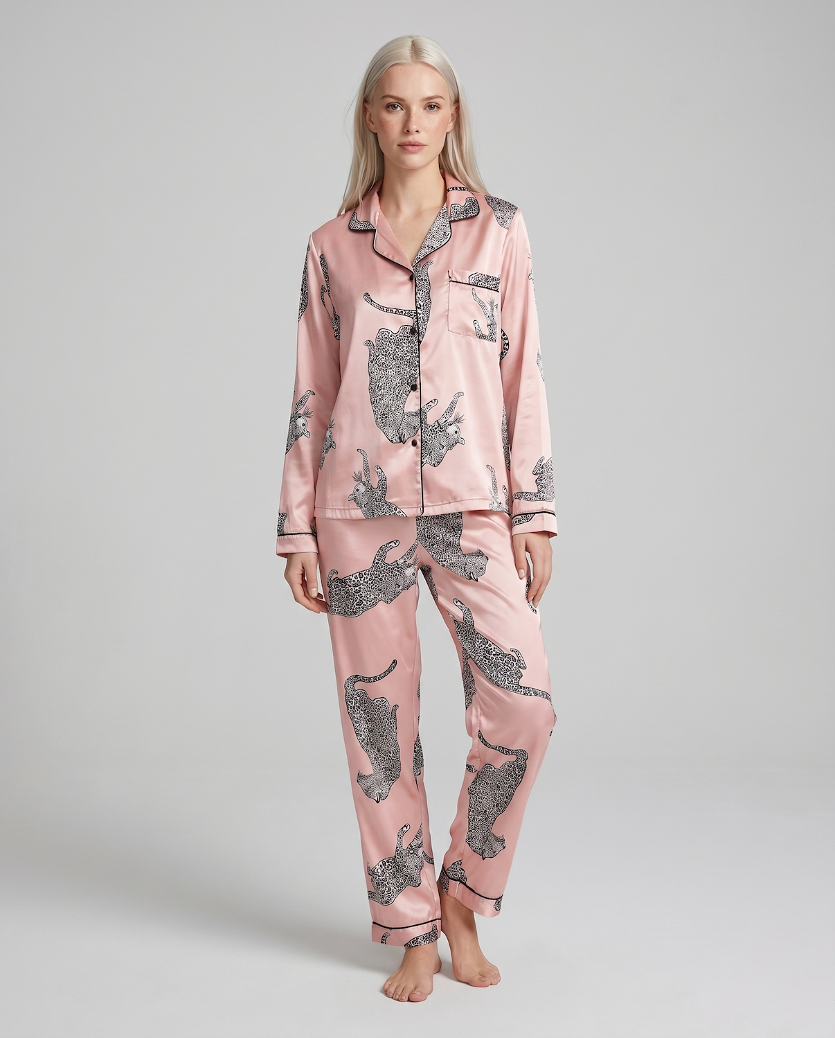 Leopard Print Satin Silk Pajama Set – Stylish, Soft Sleepwear for Women with Long Sleeve Top &amp; Pants