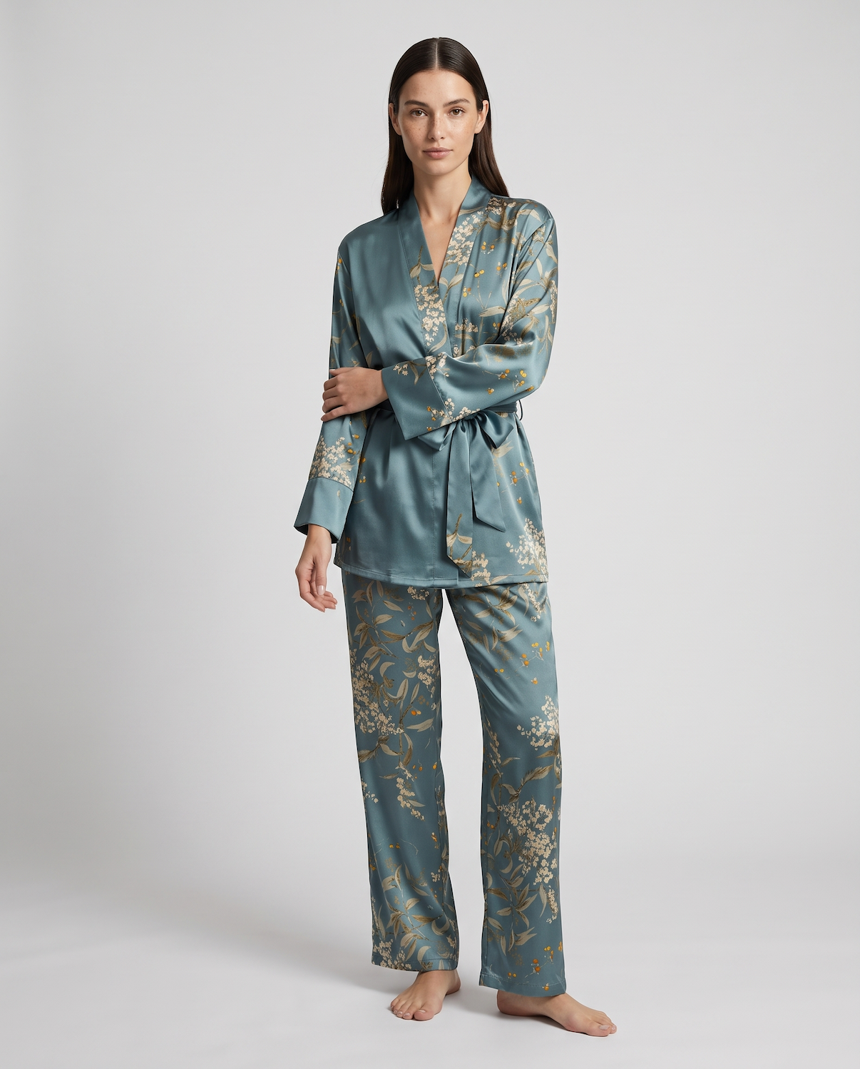 Women’s 100% Mulberry Silk Pajama Set – Long Sleeve Robe, Full-Length Pants &amp; Premium Print