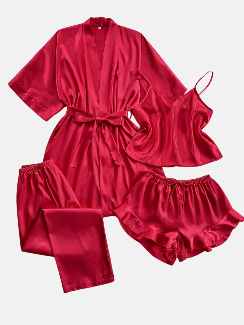 4pcs Elegant Silk Pajama Set for Women - Robe, Bralette, Shorts & Pants