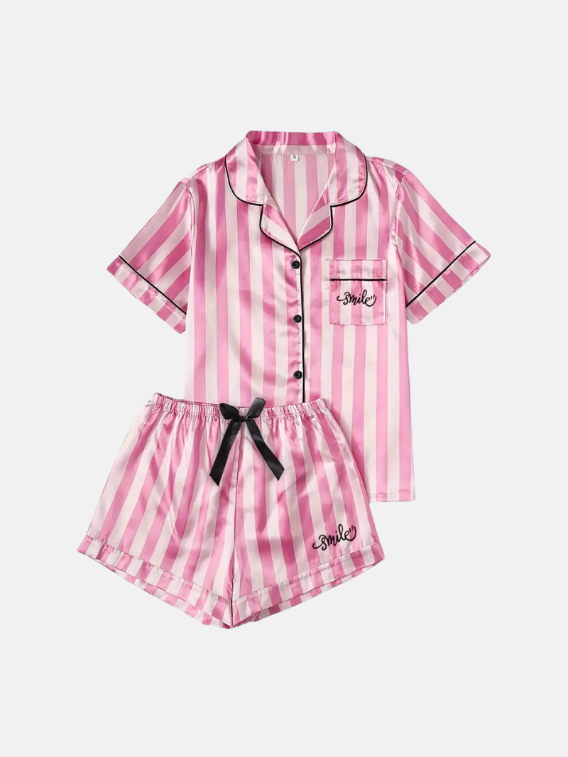 Comfortable Girls Pajama Set – Solid Color Short Sleeve & Bow Shorts for Summer