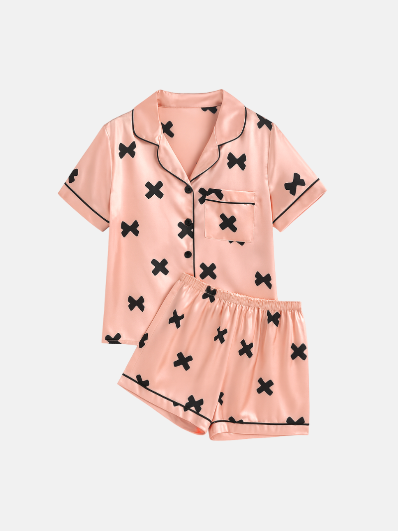 Girls Pink Satin Pajama Set With Black Bow Prints – Lightweight Summer Sleepwear