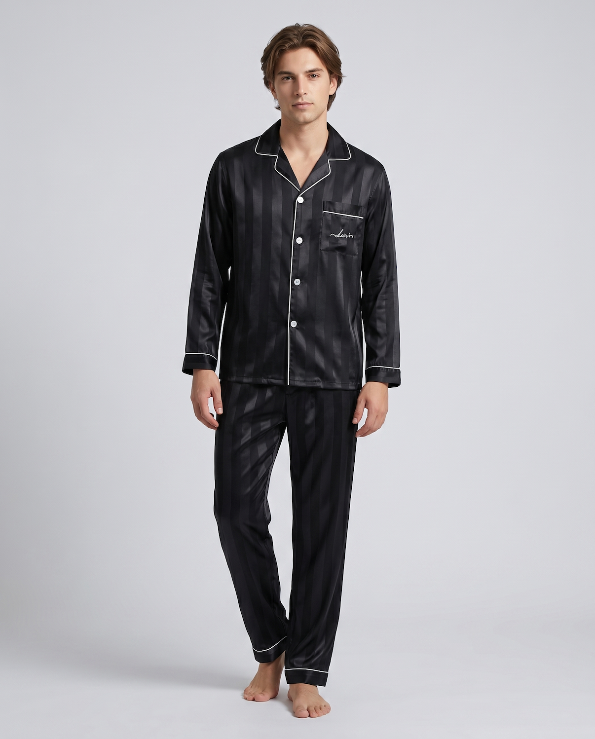 Men’s Silk Satin Pajama Set – Breathable, Lightweight Sleepwear with Long Sleeves &amp; Pants