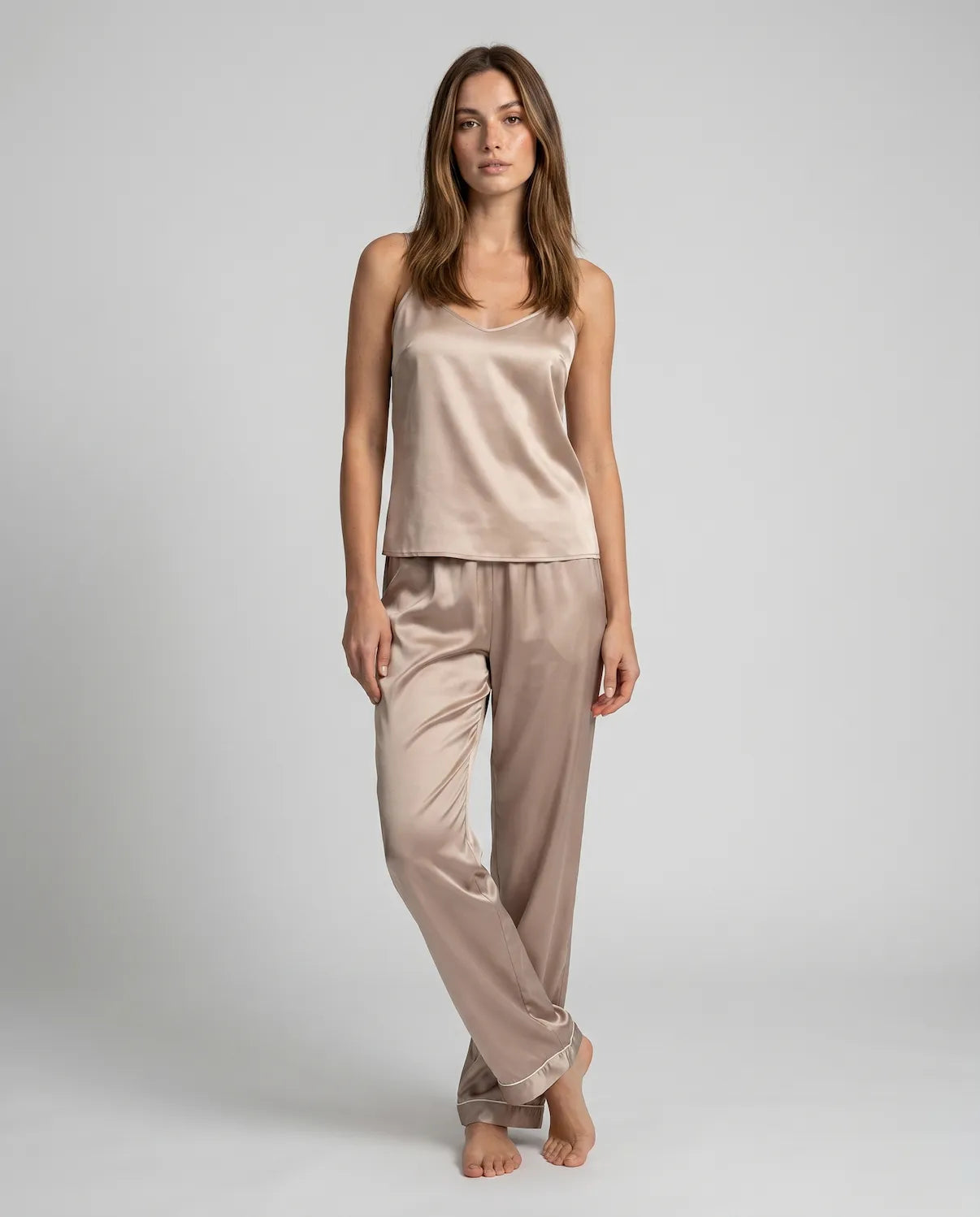 Luxury Women's Satin Pajama Set – V-Neck Cami Top and Long Pants for Sleep & Lounge