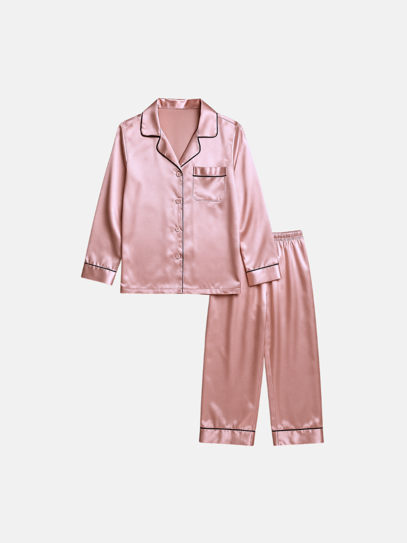100% Mulberry Silk Kids Pajama Set – Soft Long Sleeve Nightwear with Elegant Black Trim