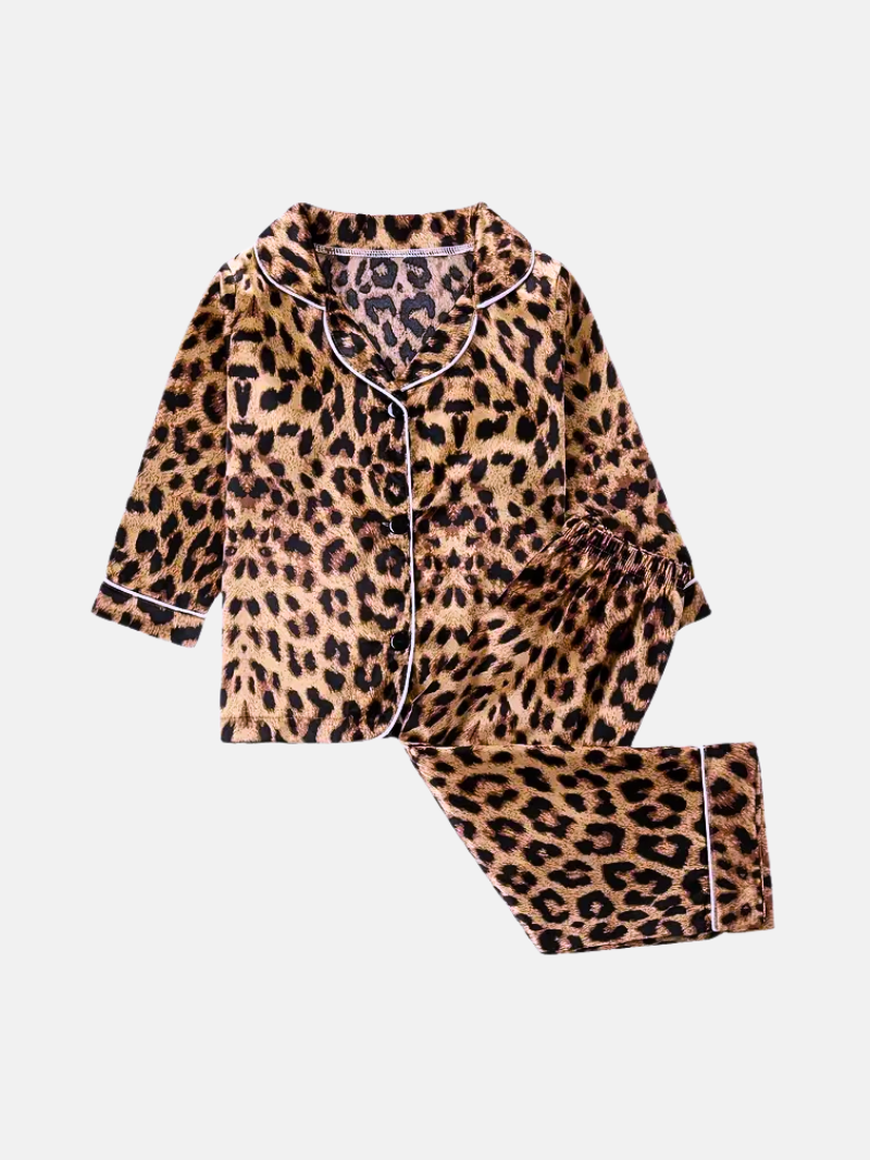 Kids Leopard Print Pajama Set – Girls Long Sleeve Sleepwear, Flame Resistant Nightwear