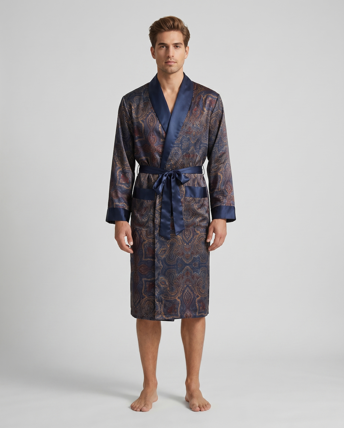 Men’s Silk-Like Robe – Luxurious Paisley Pattern Sleepwear