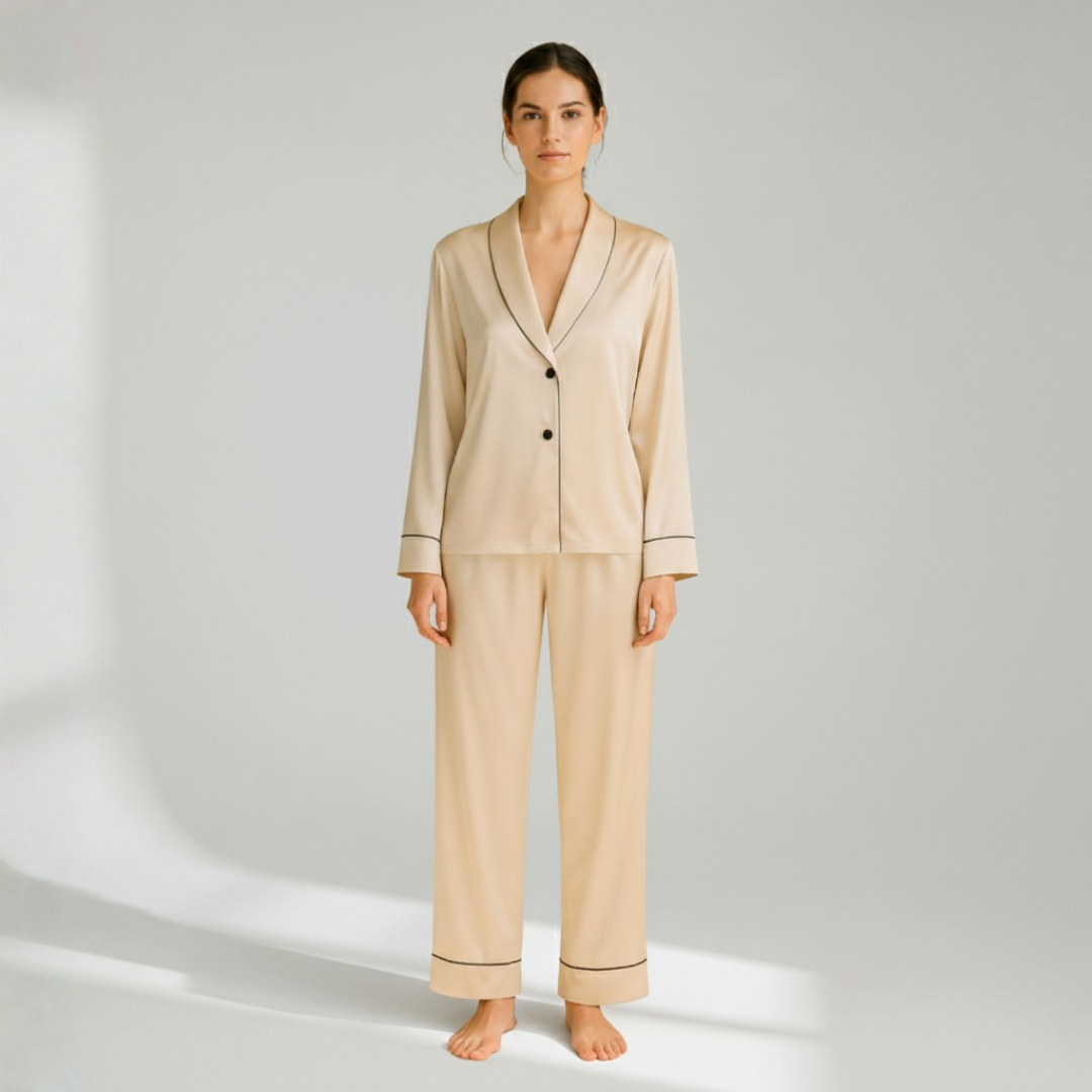 100% Mulberry Silk Pajama Set – Long Sleeve Peter Pan Collar Top & Relaxed Pants