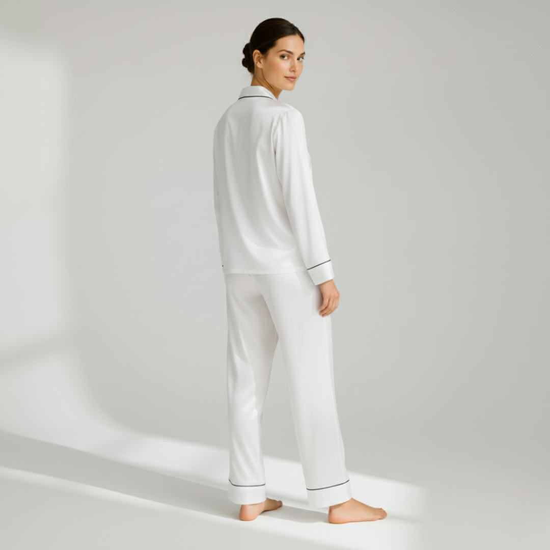 100% Mulberry Silk Pajama Set – Long Sleeve Peter Pan Collar Top & Relaxed Pants