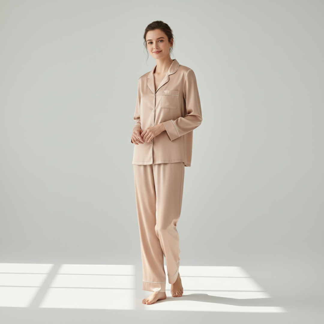 100% Mulberry Silk Pajama Set – Long Sleeve Button Down Top and Full-Length Pants