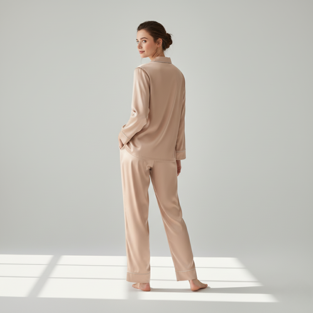 100% Mulberry Silk Pajama Set – Long Sleeve Button Down Top and Full-Length Pants