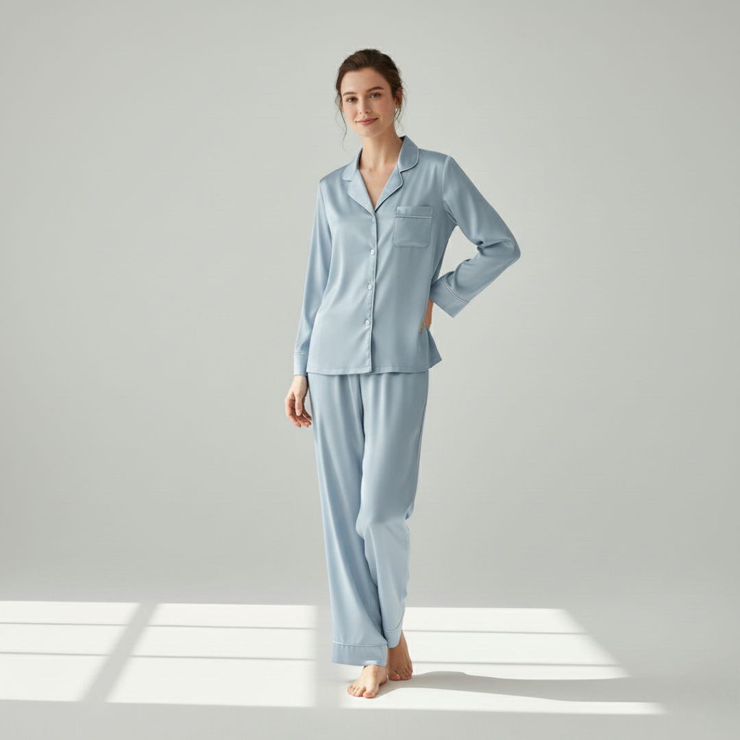 100% Mulberry Silk Pajama Set – Long Sleeve Button Down Top and Full-Length Pants