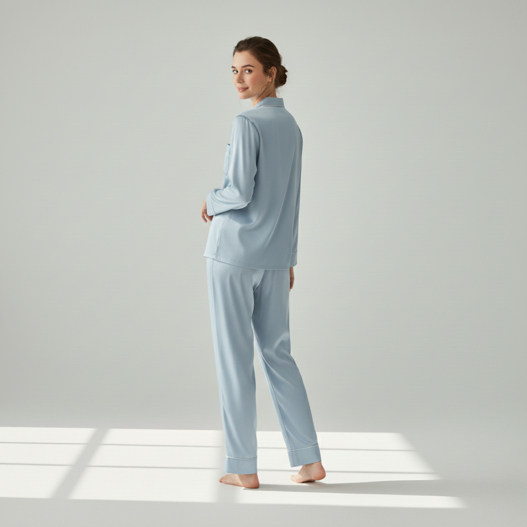 100% Mulberry Silk Pajama Set – Long Sleeve Button Down Top and Full-Length Pants