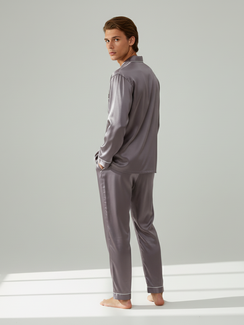 Men's Ice Silk Pajamas – Long Sleeve Pants Set for Spring and Autumn, Casual Summer Silk Suit