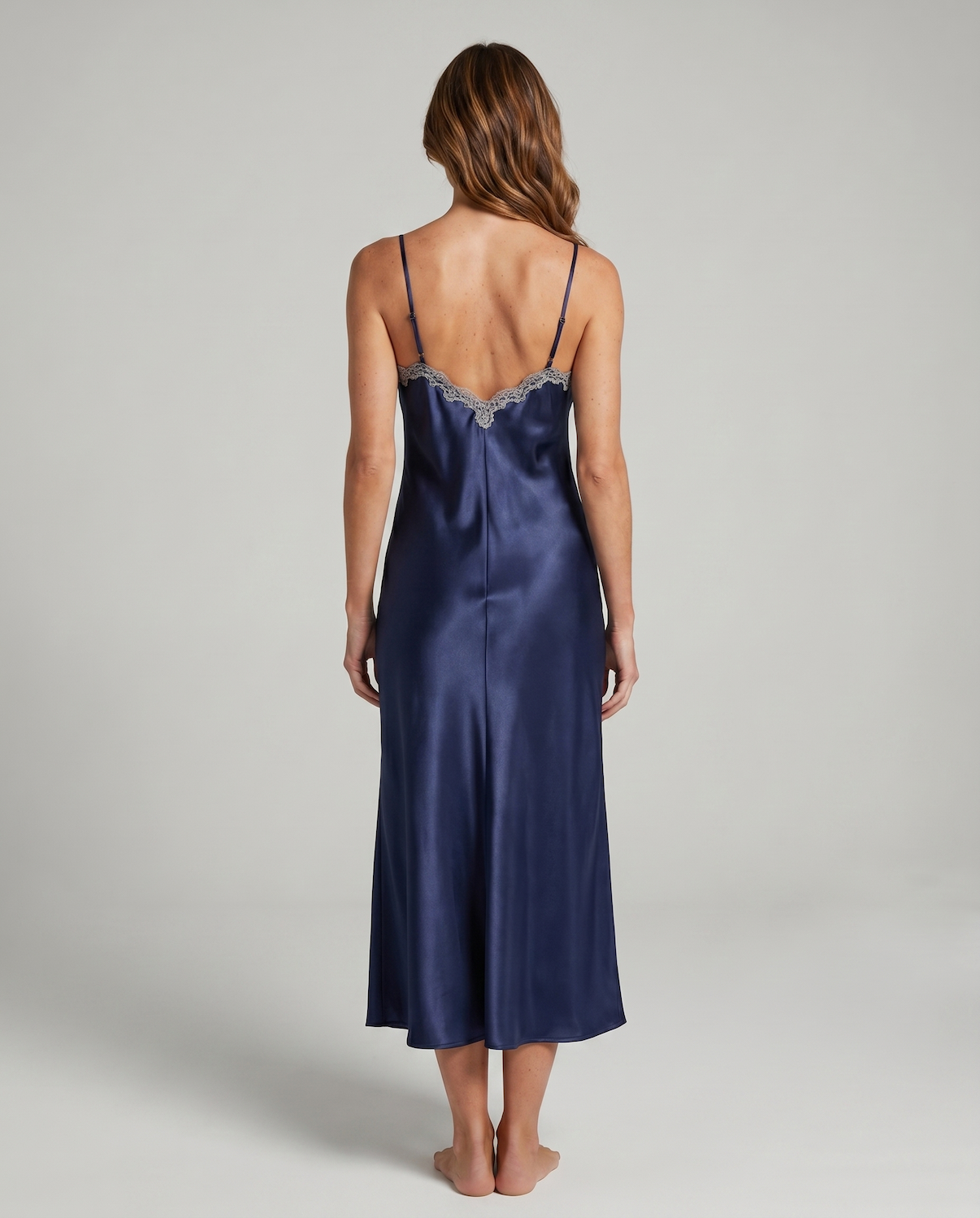 Arabella Faux Silk Maxi Nightgown – Elegant Lace Trim Sleepwear for Women