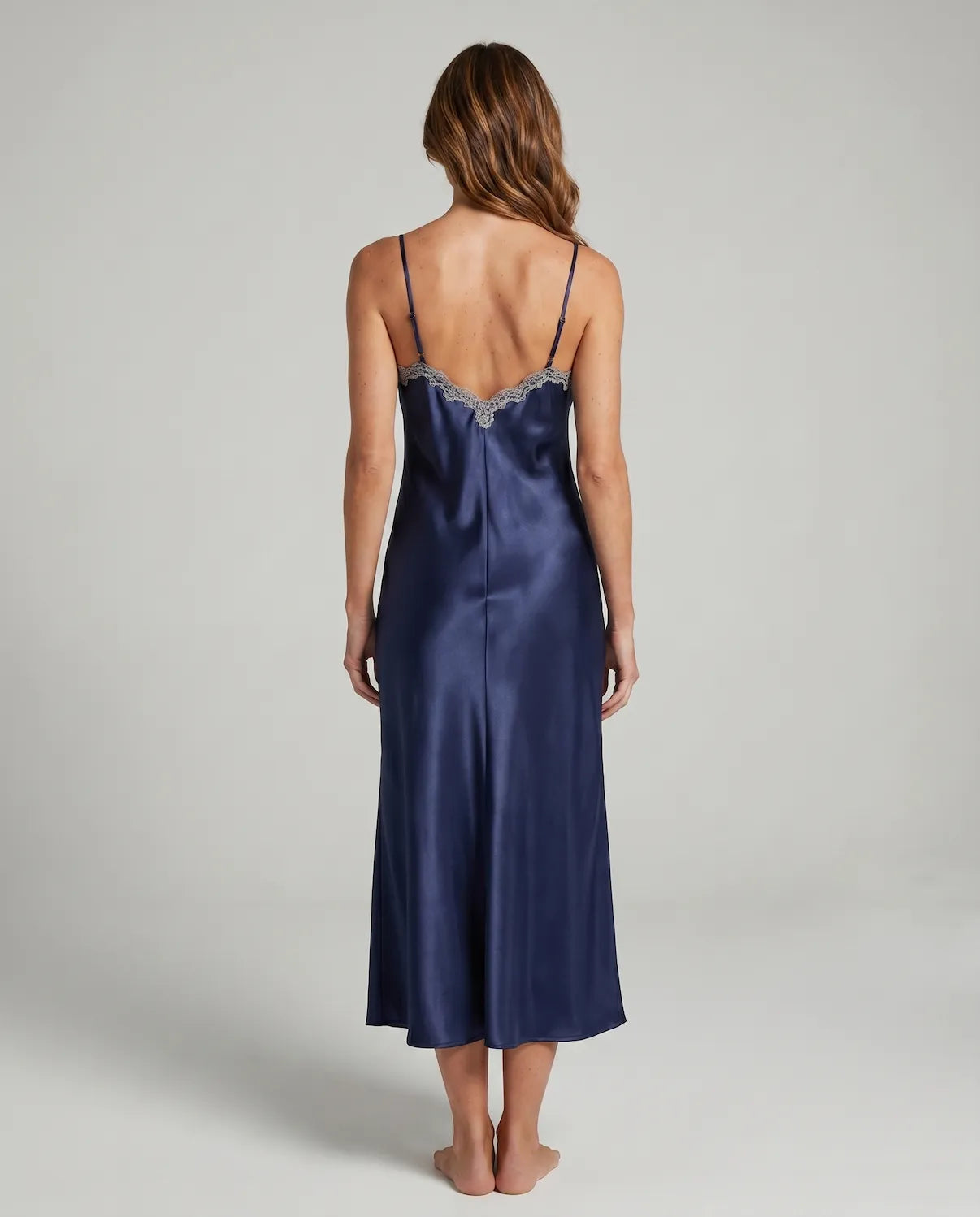 Arabella Faux Silk Maxi Nightgown – Elegant Lace Trim Sleepwear for Women