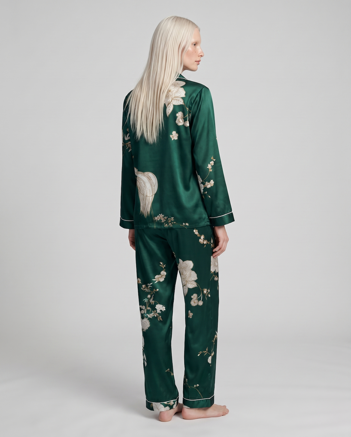 Women's Floral Print Silk Casual Pajama Set, Long Sleeves Top &amp; Pants