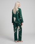 Women's Floral Print Silk Casual Pajama Set, Long Sleeves Top & Pants
