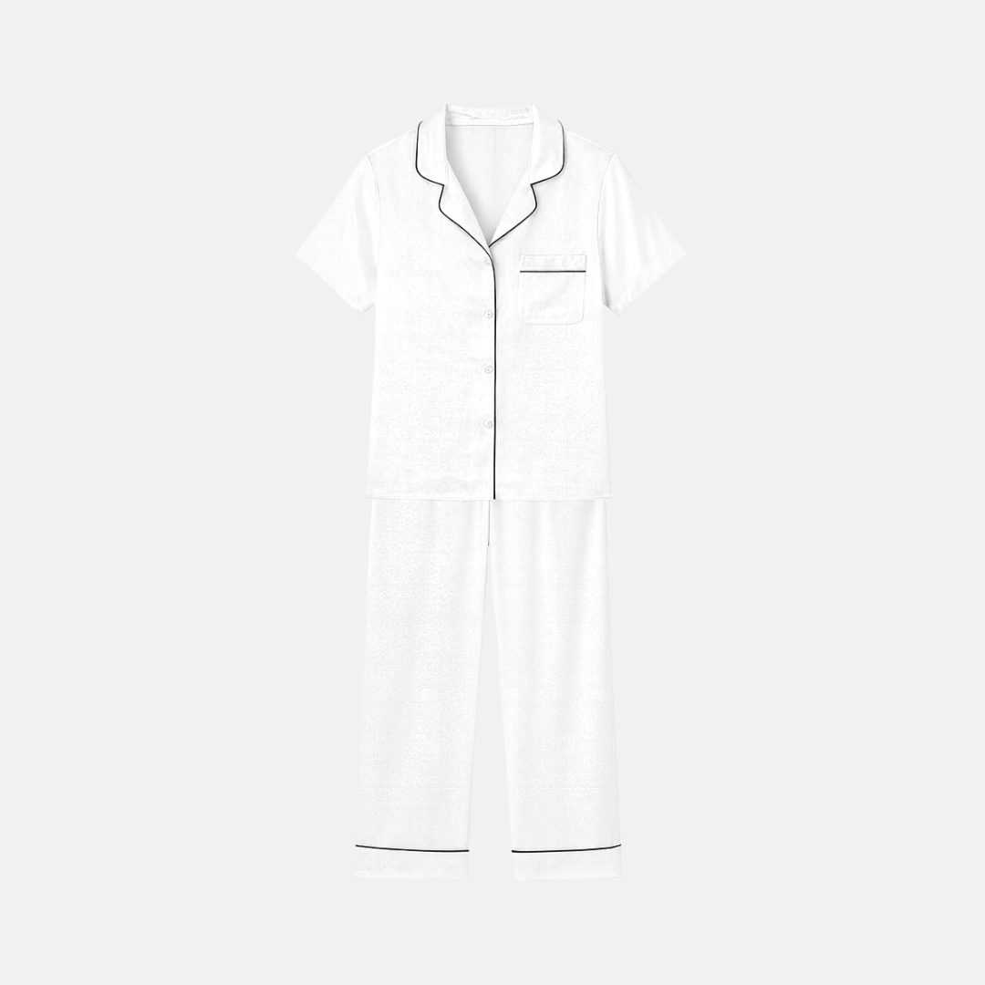 100% Mulberry Silk Pajama Set – Short Sleeve Button Top & Long Pants