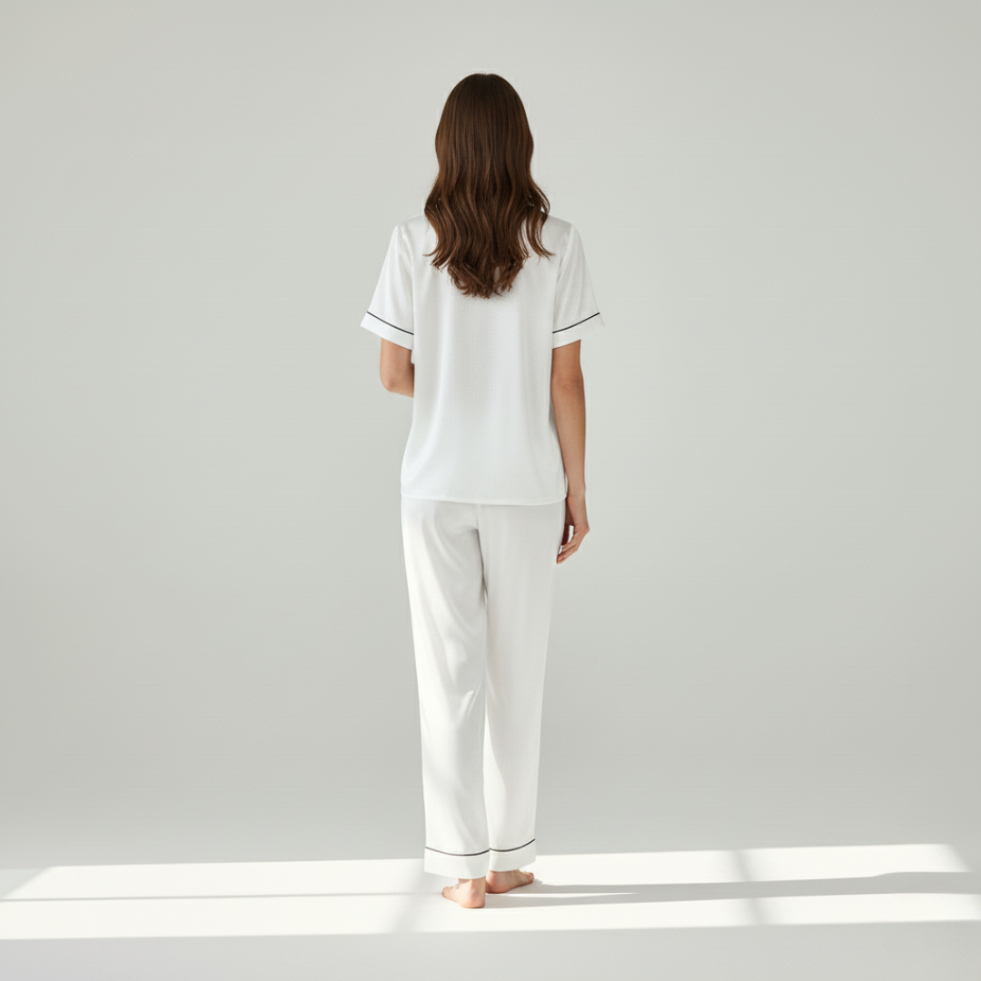 100% Mulberry Silk Pajama Set – Short Sleeve Button Top & Long Pants
