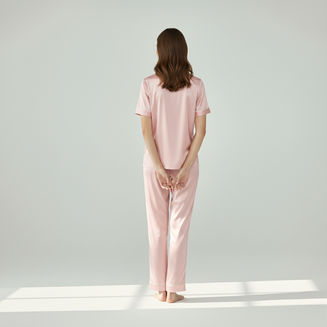 100% Mulberry Silk Pajama Set – Short Sleeve Button Top & Long Pants