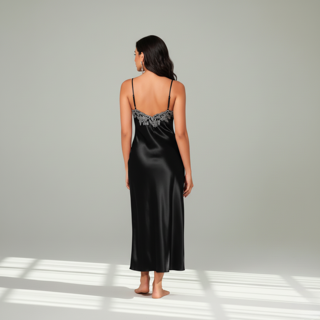 Arabella Faux Silk Maxi Nightgown – Elegant Lace Trim Sleepwear for Women