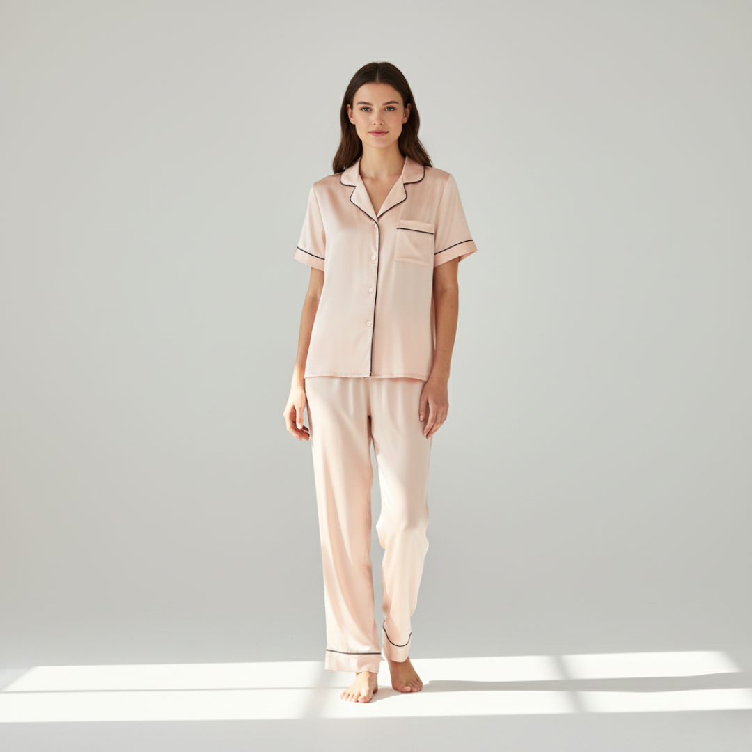 100% Mulberry Silk Pajama Set – Short Sleeve Button Top & Long Pants