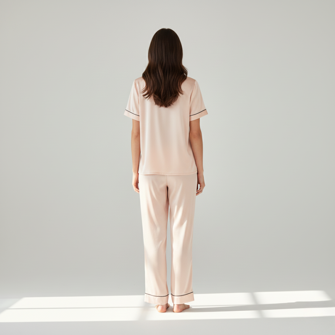 100% Mulberry Silk Pajama Set – Short Sleeve Button Top & Long Pants
