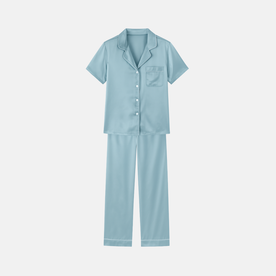 100% Mulberry Silk Pajama Set – Short Sleeve Button Top & Long Pants