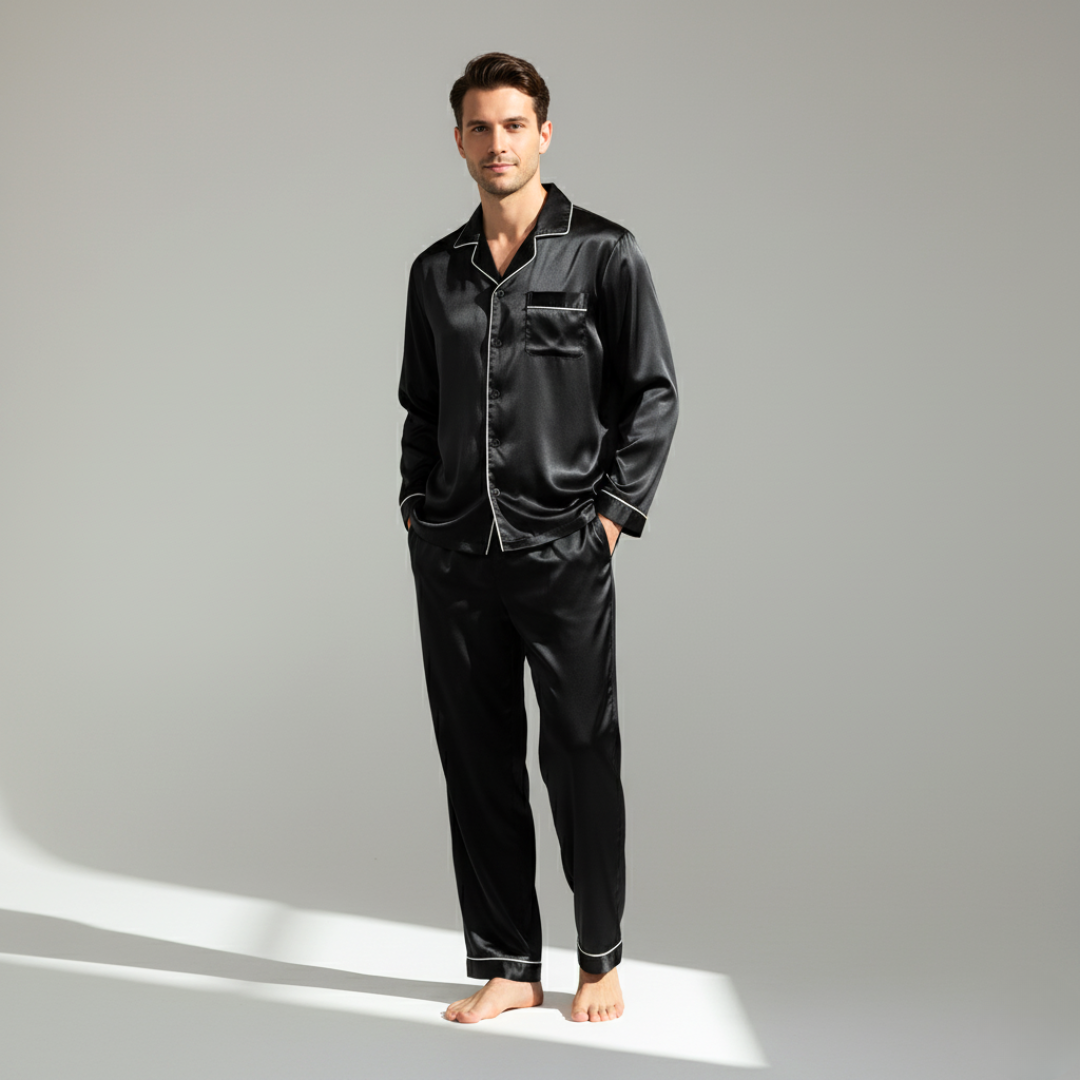 Men’s Cooling Silk-Feel Pajama Set – Breathable Long Sleeve Sleepwear for Night Comfort
