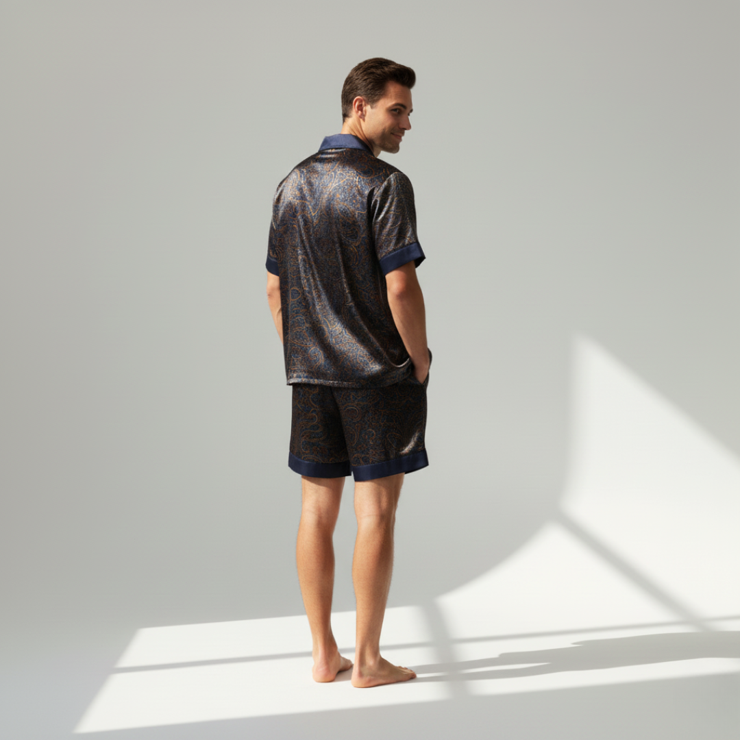 Men’s Silk-Like Pajama Set – Luxurious Paisley Pattern Sleepwear