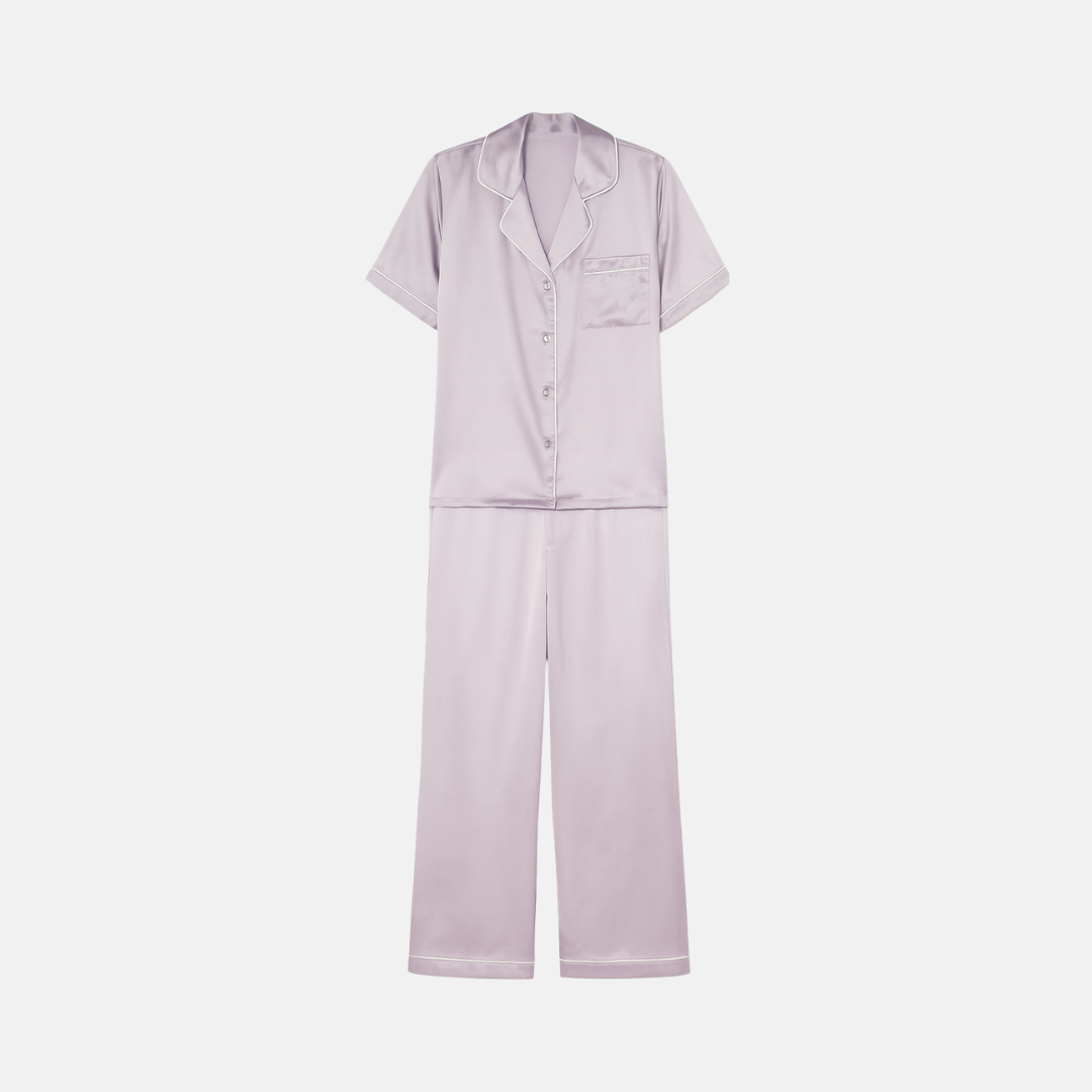 100% Mulberry Silk Pajama Set – Short Sleeve Button Top & Long Pants