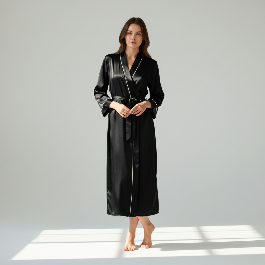 Silk Robe – Long Sleeve V-Neck Belted Silk Robe for Women