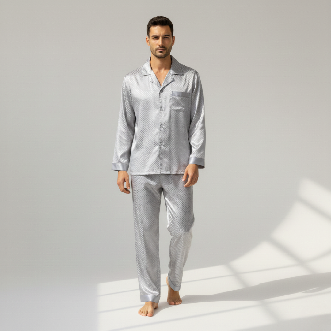 Men’s Stand Collar Ice Silky Fiber Home Suit – Cool and Breathable Autumn/Winter Pants and Top