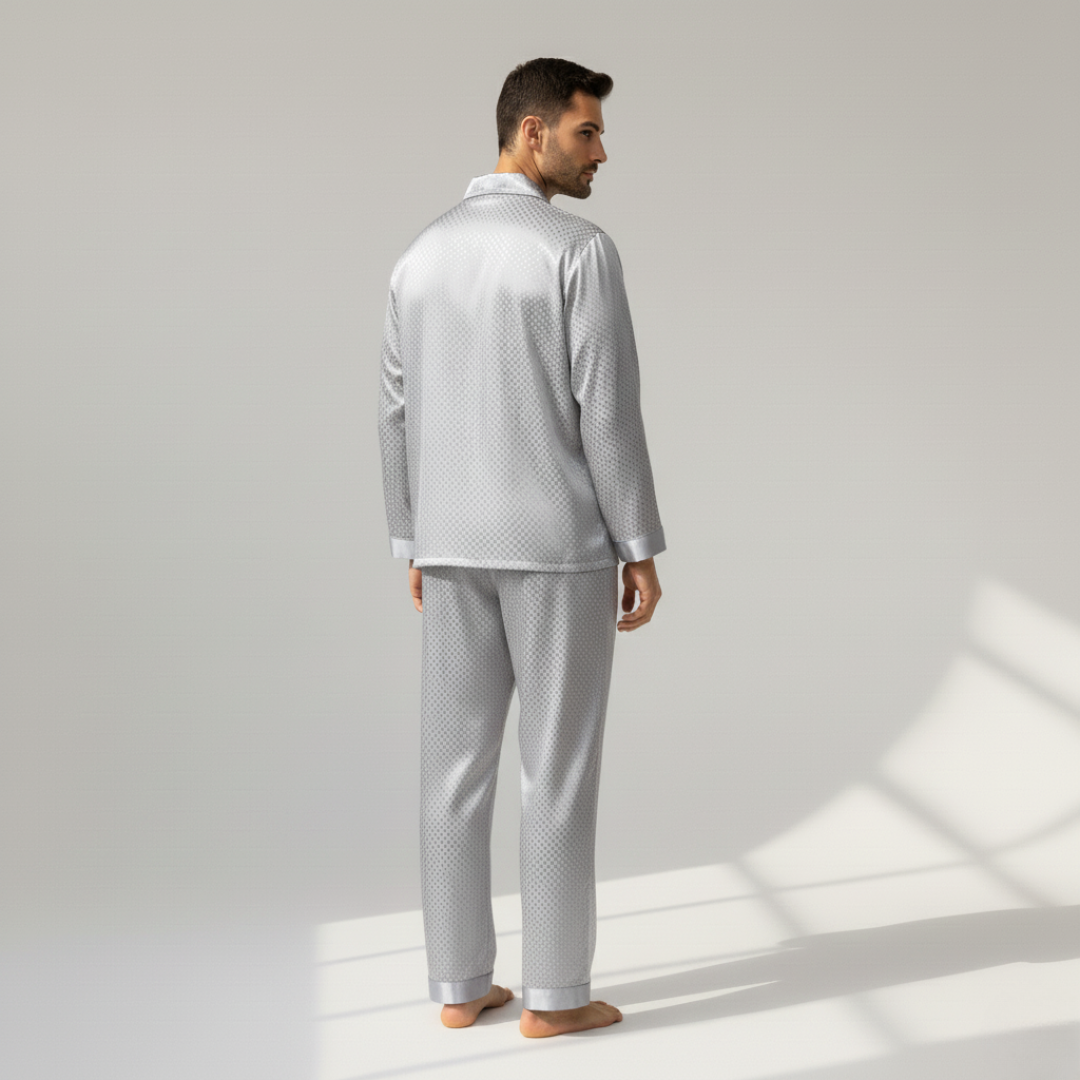 Men’s Stand Collar Ice Silky Fiber Home Suit – Cool and Breathable Autumn/Winter Pants and Top