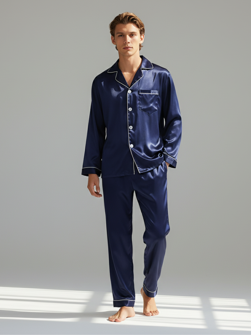 Men's Ice Silk Pajamas – Long Sleeve Pants Set for Spring and Autumn, Casual Summer Silk Suit