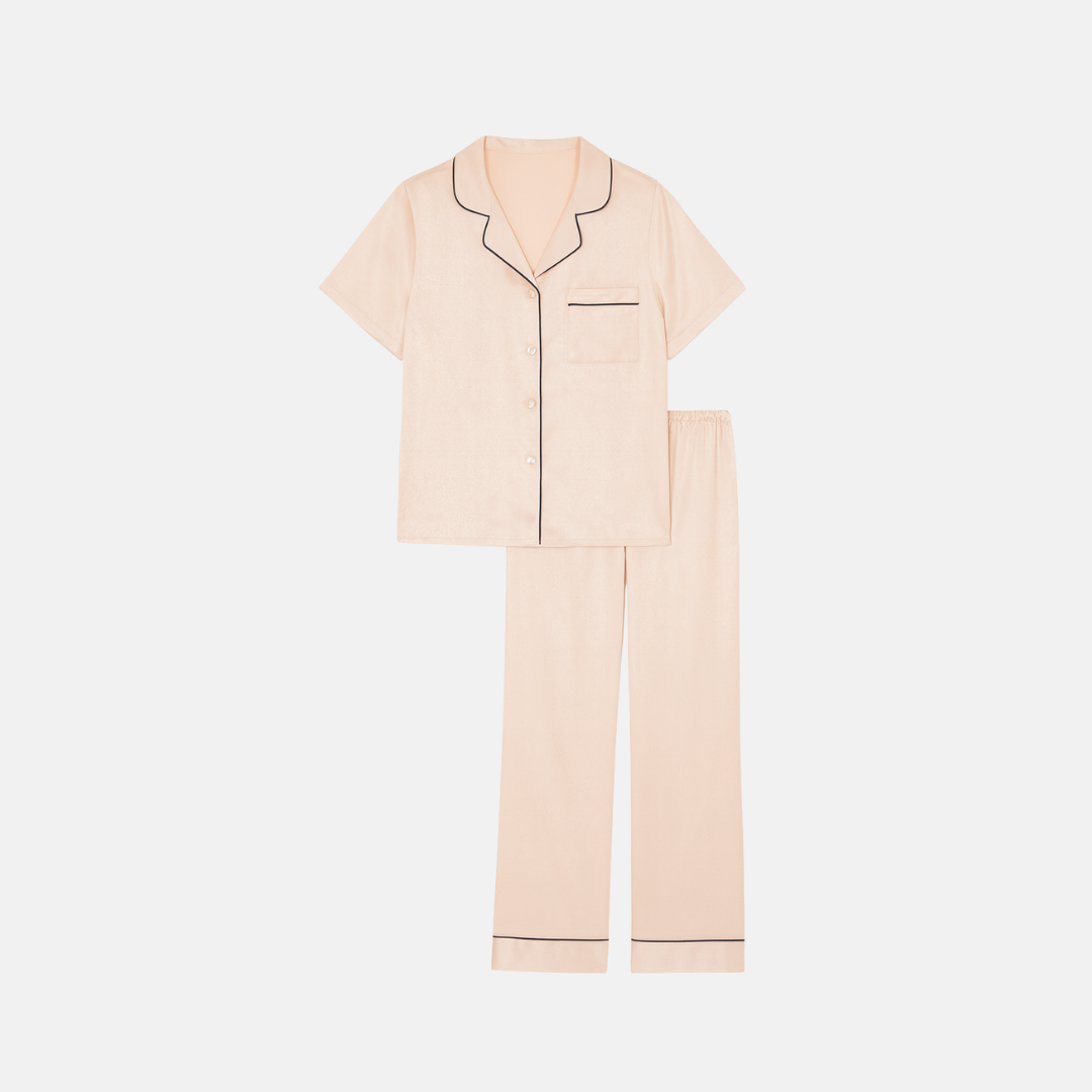 100% Mulberry Silk Pajama Set – Short Sleeve Button Top & Long Pants