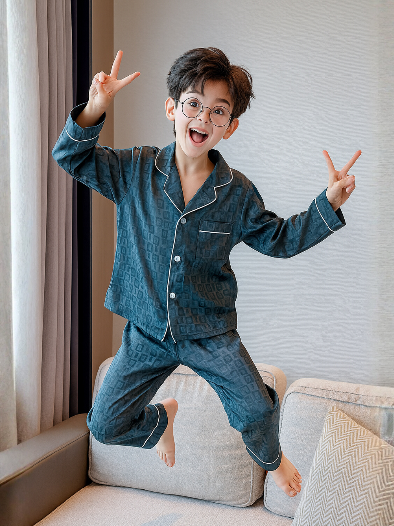 Stylish Boys’ Pajama Set – Soft Ice-Silk Long Sleeve Loungewear